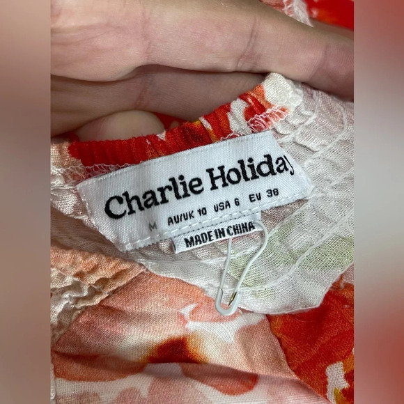 Charlie Holiday NWOT Bradley Floral Rose Linen Blend Puff Sleeve Mini Dress Sz 6 - Picture 3 of 13